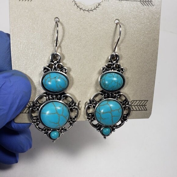 Women's Stylish Silver-tone  Filigree Turquoise color Stone Teardrop Earrings - Picture 7 of 8